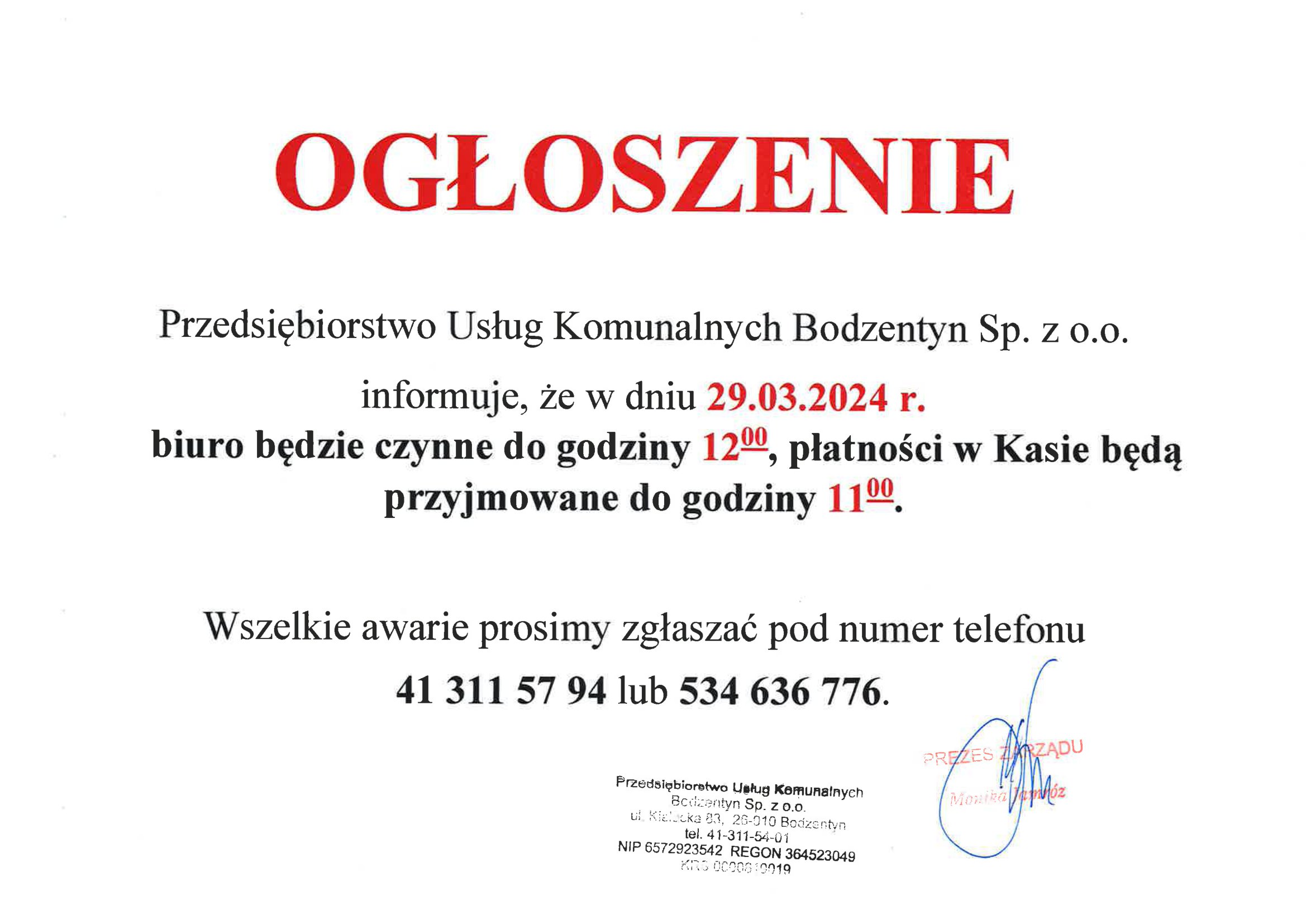 Informacja Przedsiębiorstwa Usług Komunalnych Bodzentyn